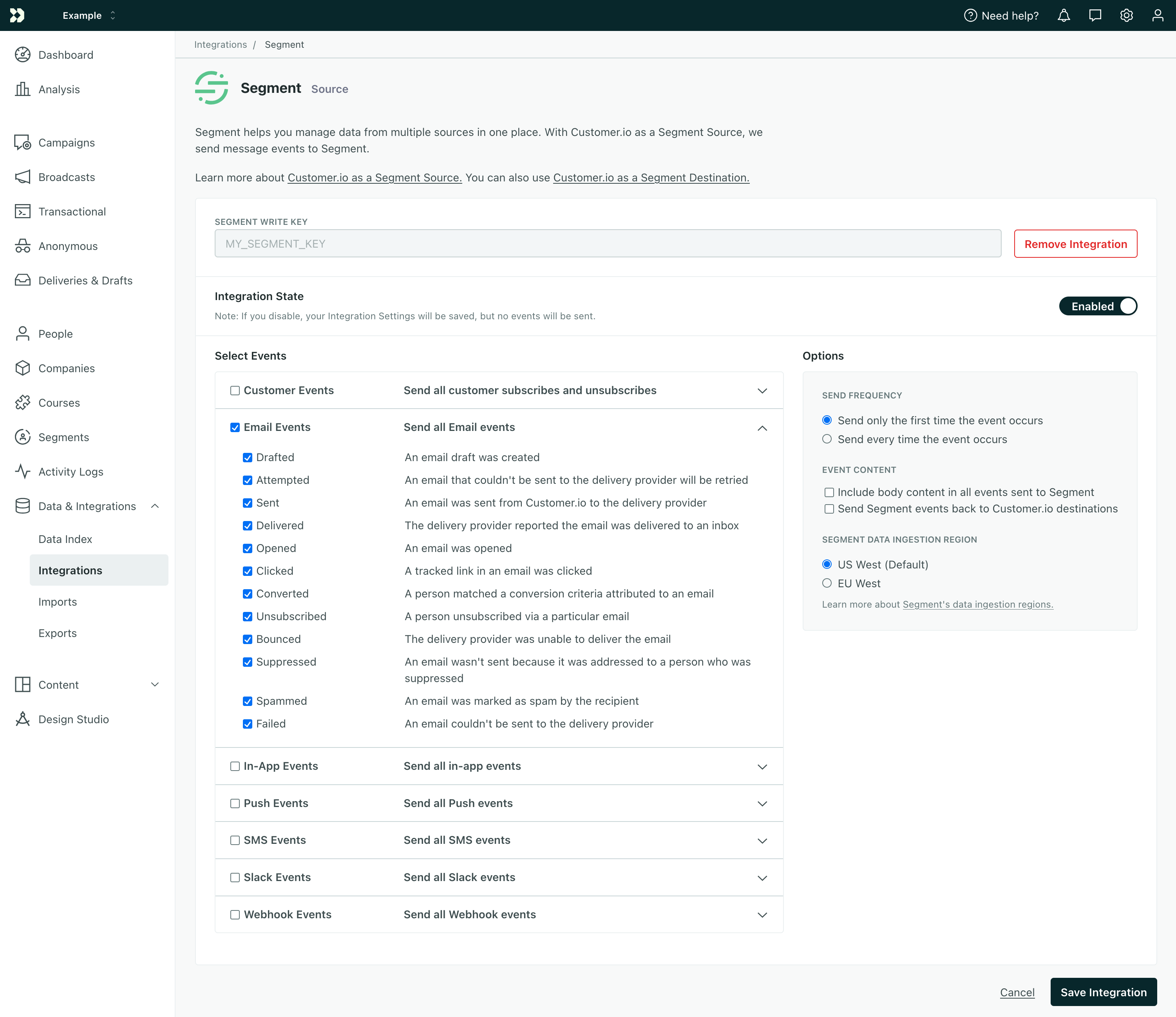Segment source in Customer.io
